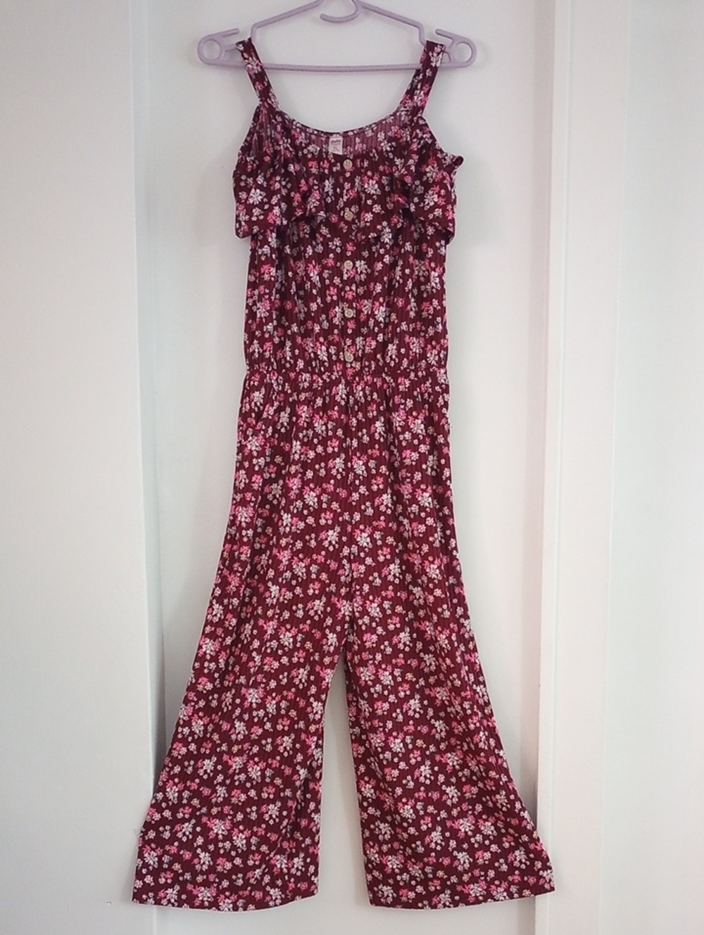 Justice Burgundy Pink Floral Ruffle Jumpsuit Summer Cottagecore Teen Girl XL